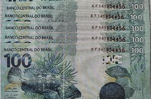 Ao todo, 10 cédulas falsas de R$ 100,00 foram encontradas na encomenda. (Foto: Polícia Federal)