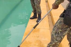 Policia ambiental capura jacaré dentro de piscina no setor de esportes da UFPI (Foto: ASCOM)