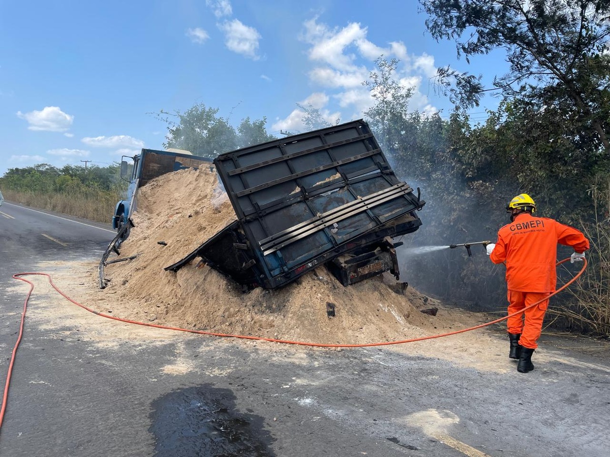 Caminhão pega fogo e bloqueia trecho da PI-110 entre Piracuruca e Batalha.