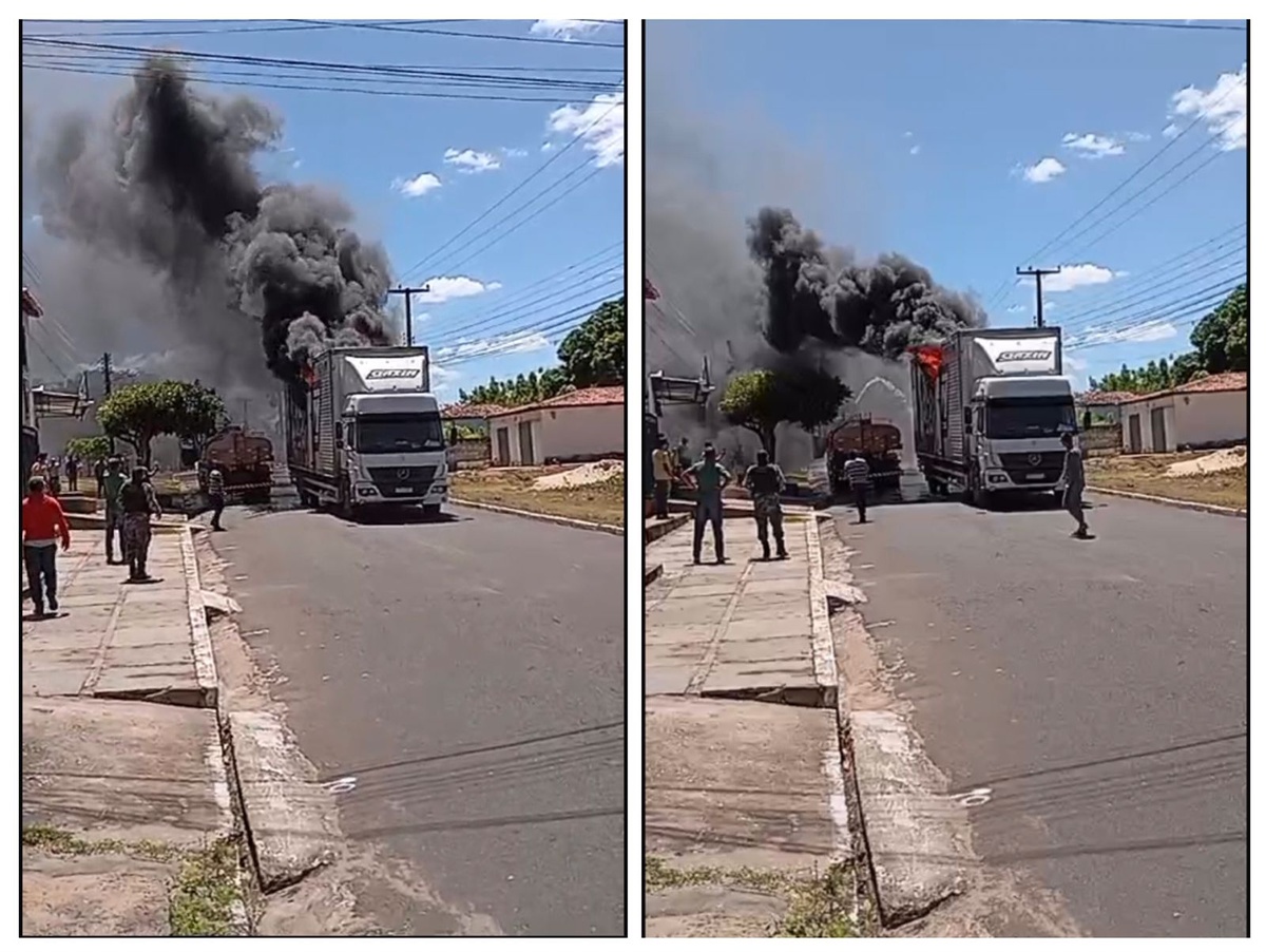 Caminhão pega fogo em frente a prefeitura de Coivaras.