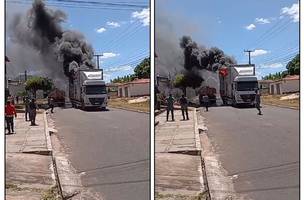 Caminhão pega fogo em frente a prefeitura de Coivaras. (Foto: Reprodução Redes Sociais)