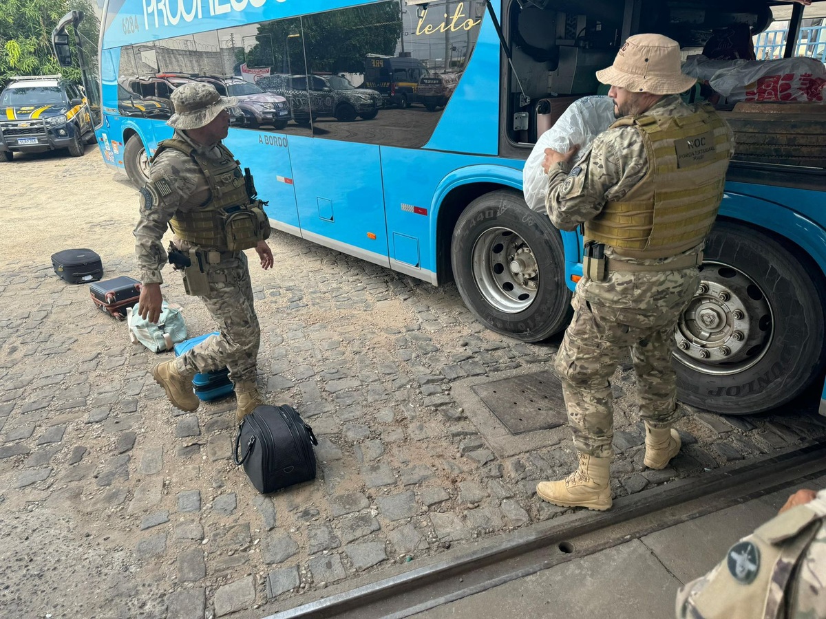 Polícia faz operação para combater tráfico de drogas em ônibus.