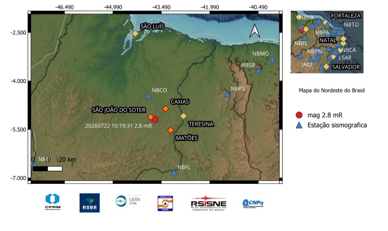 Tremor de terra de magnitude 2,8 é registrado a cerca de 70 km de Teresina.